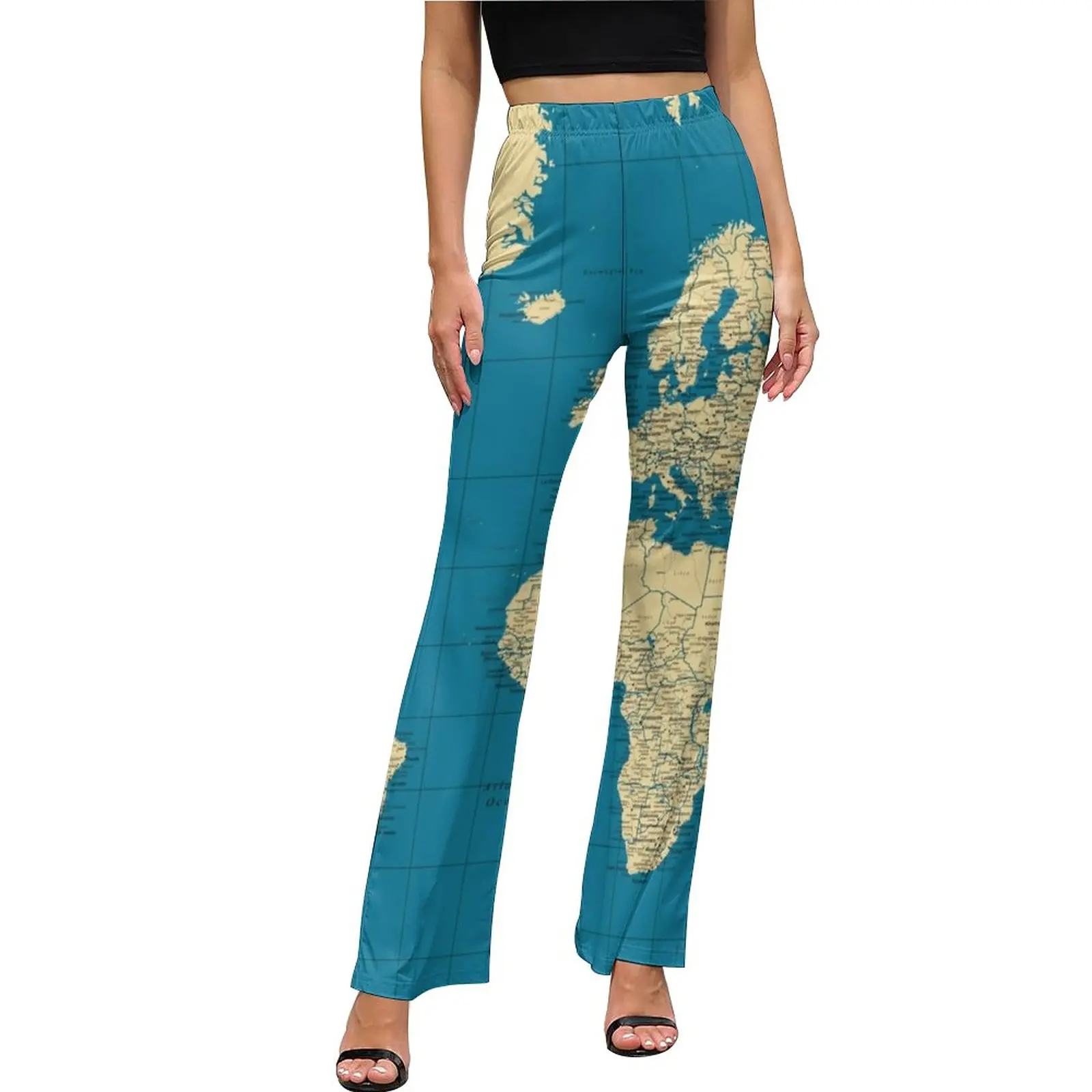 

Vintage World Map Casual Pants Women Countries Cities Roads Slim Fit Street Wear Flared Pants Spring Sexy Print Trousers
