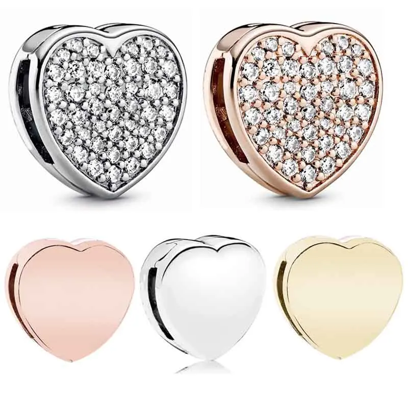 

Real Reflexions Rose Gold Pave Smooth Heart With Crystal Clip Charm 925 Sterling Silver Bead Fit pandora Bracelet Diy Jewelry