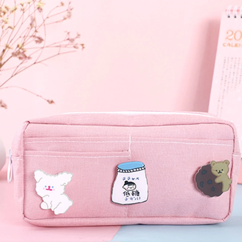 

Cartoon Stationery Bag Large Capacity Pen Pencil Ruler Animal Badge Pouch for School Students Girls Office Stationery Supplies