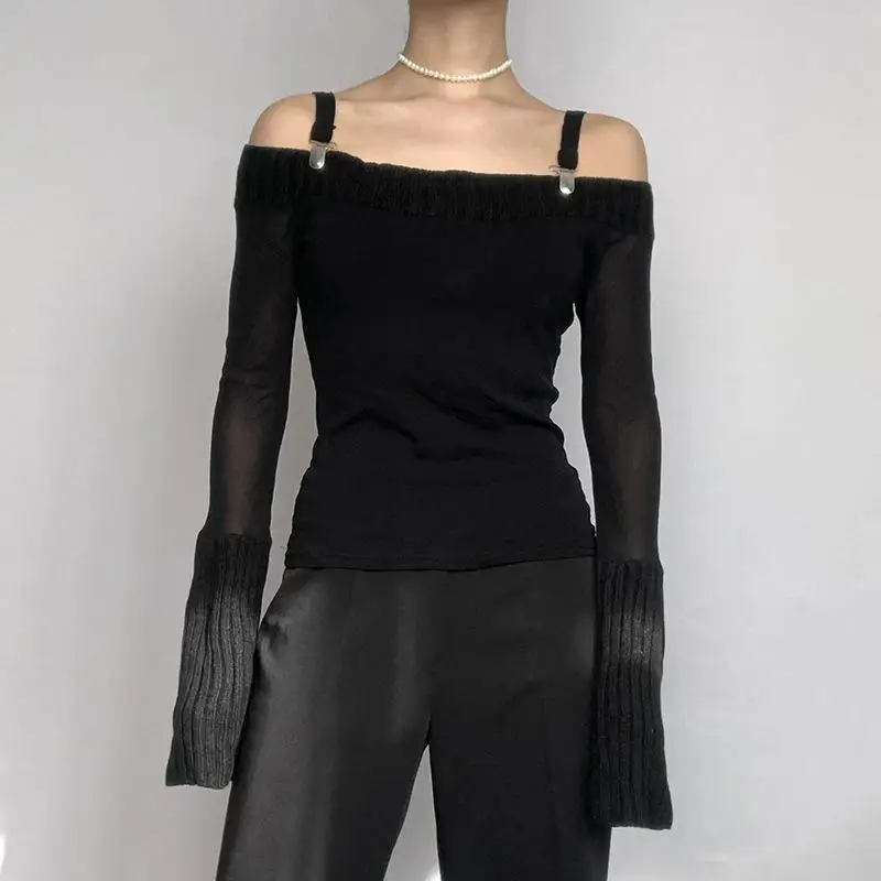 

HEZIOWYUN Women Fashion Wild Vintage Goth Y2K Grunge Square Neck Patchwork Long Sleeve Cold Shoulder Tops Slim Fit Tops