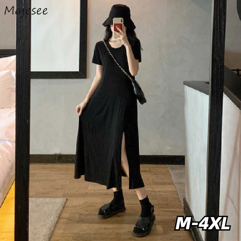 

Black Dress Women Dark Gothic Simple Korean Style Pure Solid Side Split Fashion Mid-calf Oversize Sexy Streetwear Minimalist Ins