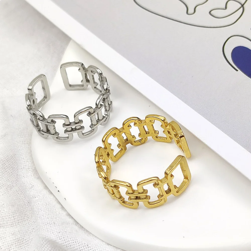 

Personalized Hollow Out Chain Shape Open Adjustable Ring Stainless Steel Women Rings Retro Style Jewelry Wholesale Anillos Mujer