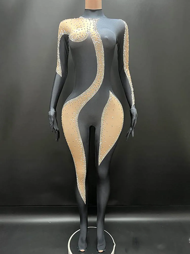 Высококачественный эластичный комбинезон контрастного цвета со стразами 2024
