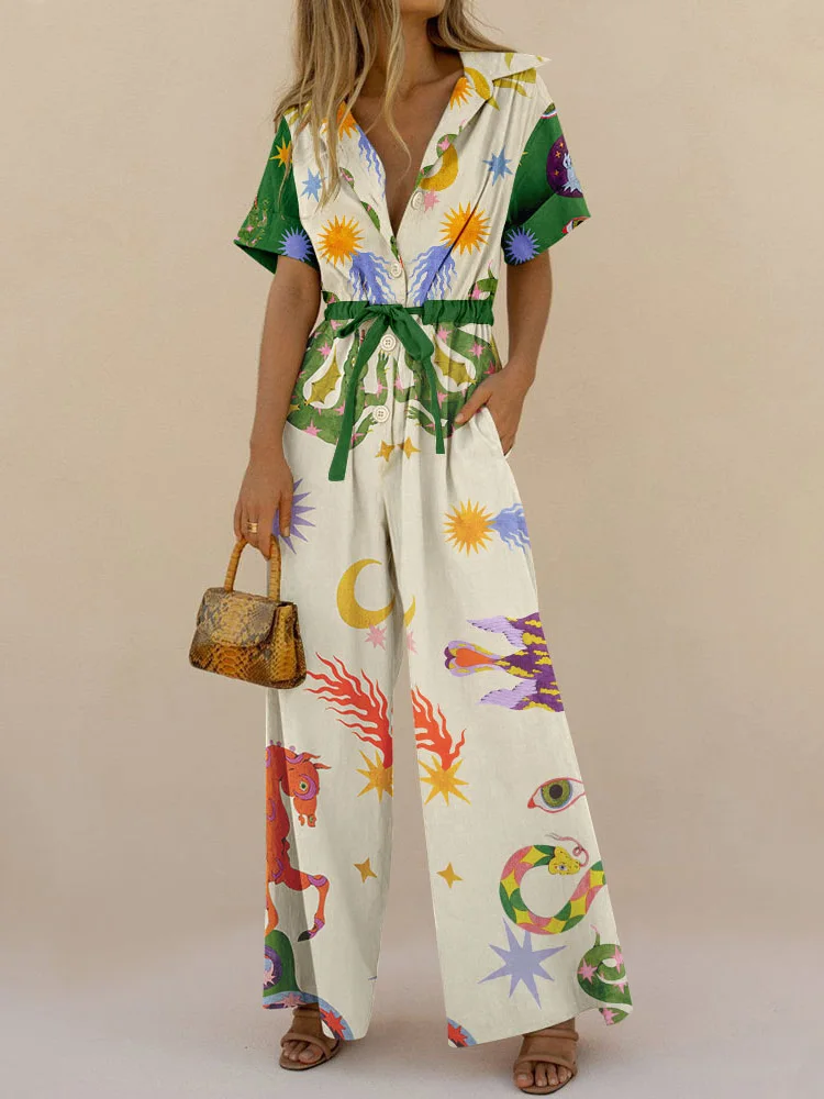 

Women Holiday Short Sleeve Pockets Elastic High Waist Wide Leg Jumpsuit Animal Printing Jumpsuits Female Lace Up Vacation Romper