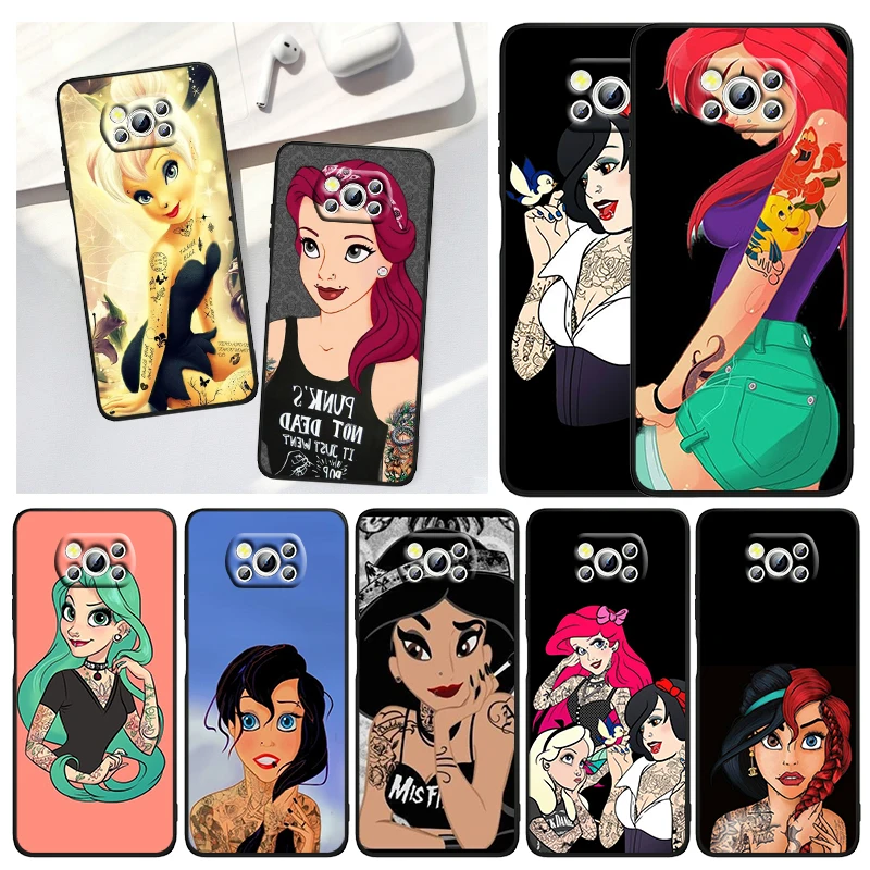 

Disney Princess Tattoo For Xiaomi Civi Mi Poco X3 NFC F3 GT M4 M3 M2 X2 F2 Pro C3 F1 Silicone Shell Capa Black Phone Case