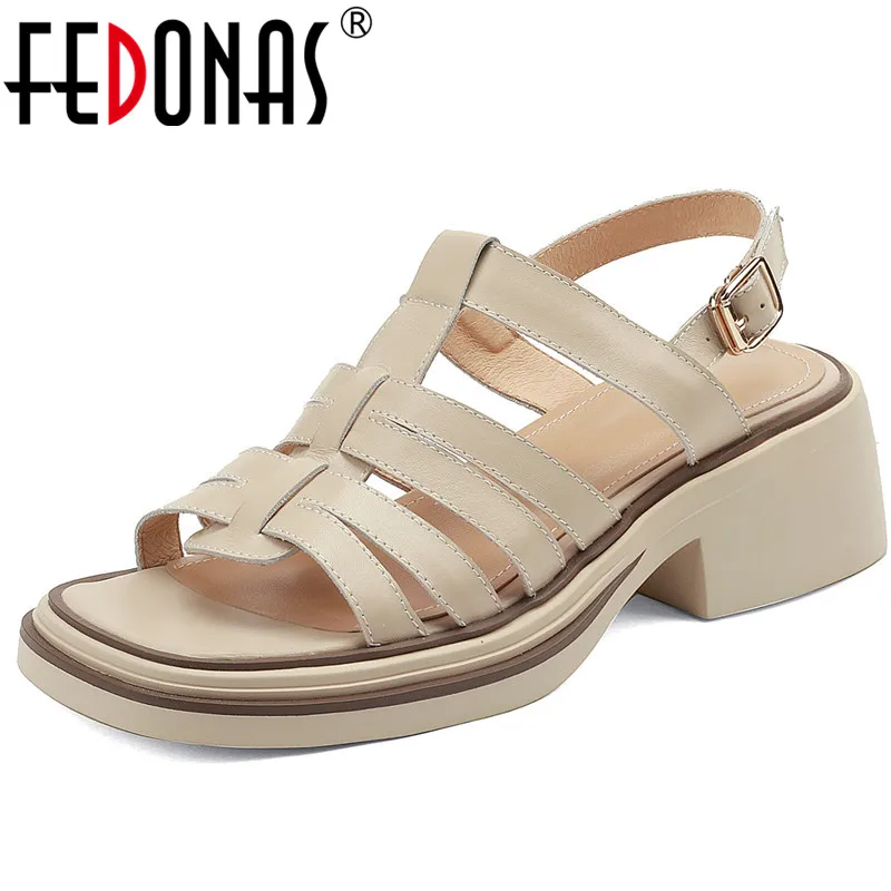 

FEDONAS Summer New Women Sandals Retro Concise Office Ladies Casual Pumps Genuine Leather Chunk High Heels Gladiator Shoes Woman