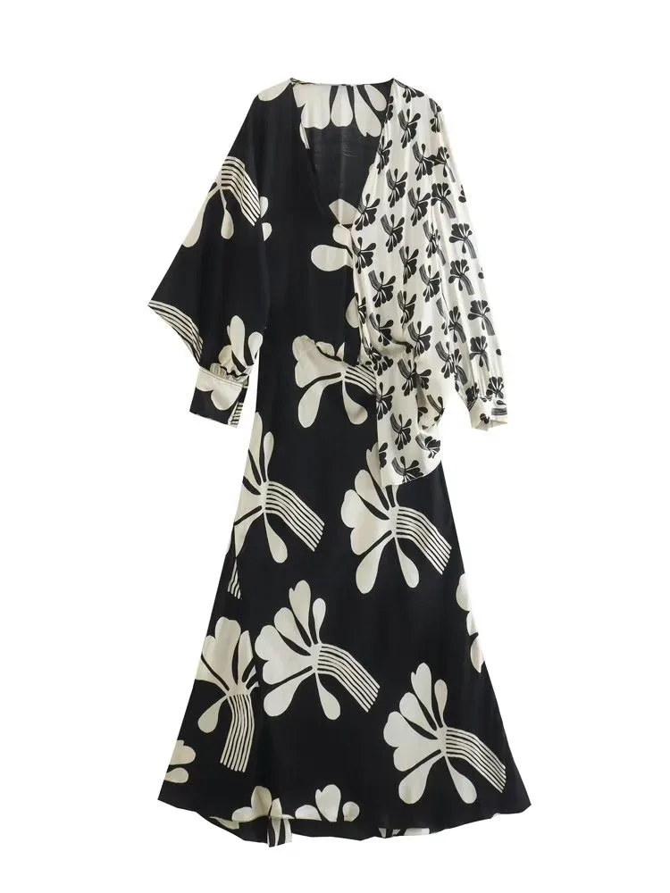 

Женское платье миди с асимметричным принтом, винтажное платье с V-образным вырезом и длинным рукавом, 2022