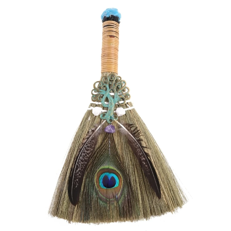 

12-inch Witch Altar Broom Handmade Crystal Pendant Mane- Broom for Majic- Ceremony Halloween Broom & Wiccan Ceremon