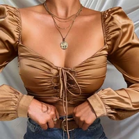 champagne gold bandage blouse womens 2022 new spring long chiffon lantern sleeves chest adjustable short blouse egirl blouse