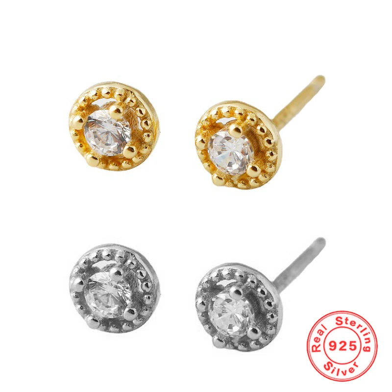 

925 Sterling Silver Round Mini Stud Earrings for Women Simple and Fresh Inlaid Zircon Golden/Platinum Color Fashion Earrings
