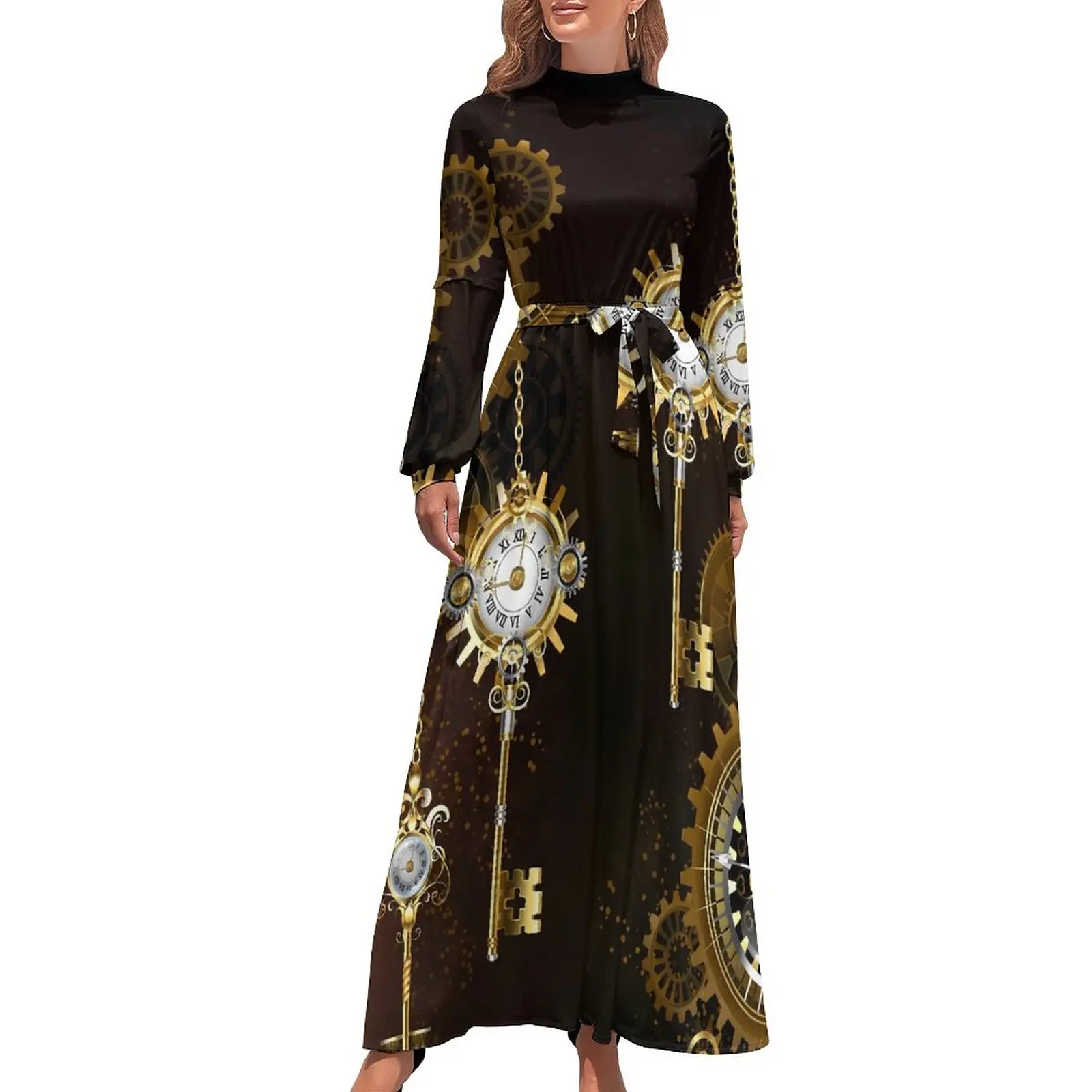 

Платье-макси в стиле стимпанк с принтом ржавых часов, элегантное пляжное длинное платье с высоким воротником, одежда с принтом