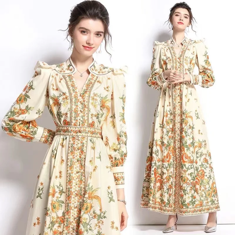 

Women Dresses Spring and Autumn 2022 Runway Fashion Print Vintage Dress V Neck Long Lantern Sleeve Belted Mini Dress