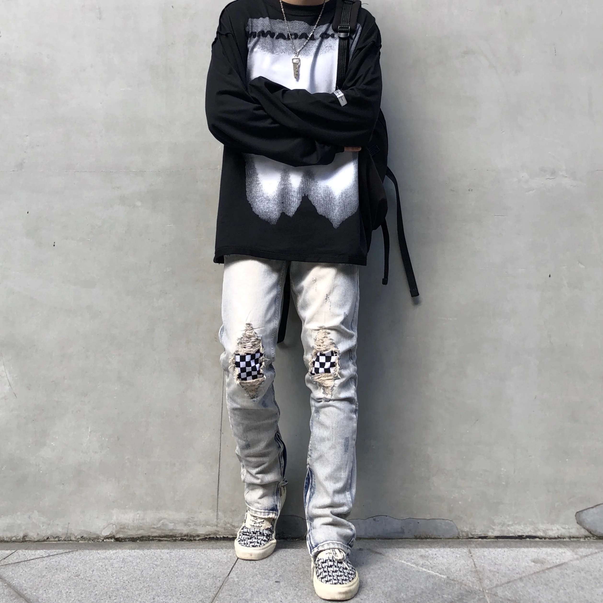 Men Stretchy Ripped Skinny Biker Embroidery Jeans Destroyed Hole Plaids Slim Fit Denim High Quality Hip Hop Grey Pants