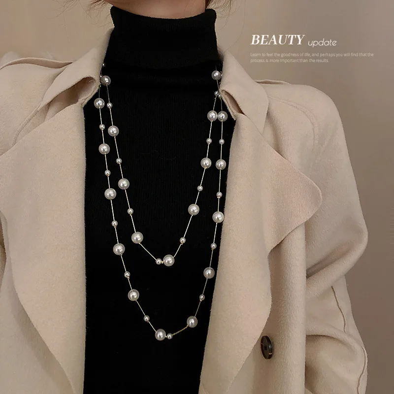 

2022 New Fashion Metal Pearl Long Chain Women's Double layer Necklace Women's Sweater Chain Jewelry Party Wedding Ball Necklace
