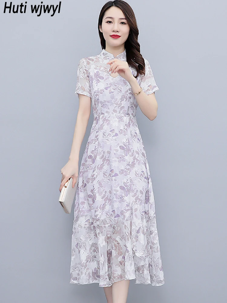 

Floral Chiffon Casual Boho Beach Midi Dresses 2023 Summer Short Sleeve Chic Luxury Party Dress Women Elegant Prom Night Vestidos