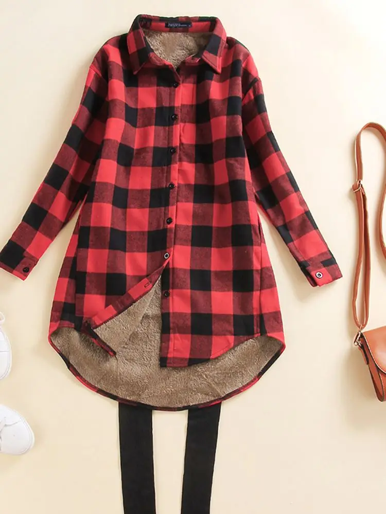 

2022 Spring Winter Plush Blouse Women Retro Plaid Check Tops ZANZEA Fashion Warm Irregular Shirt Casual High Low Blusa Oversized