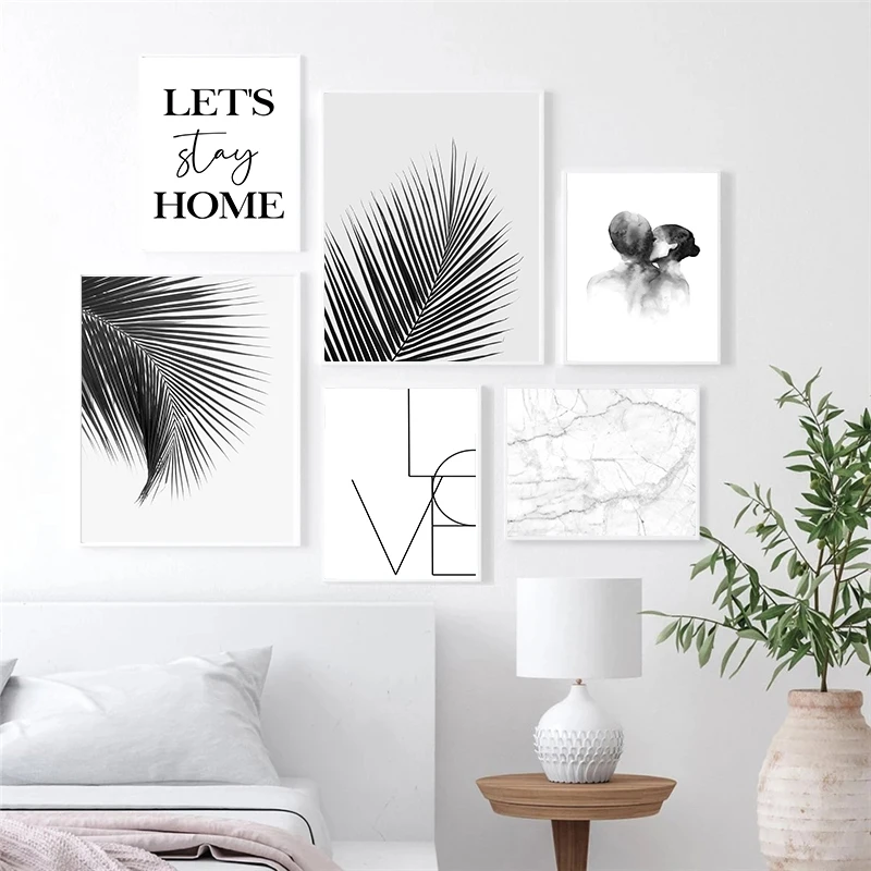 

Black And White Palm Leaf Couple Kiss Quotes Canvas Painting Wall Art Print Poster Love Modern Minimalist Home Living Room Decor