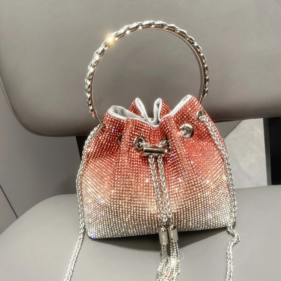 Luxury Shiny Dinner women's handbags new gradient color bucket bag tassel full diamond single shoulder crossbody bag tote bag