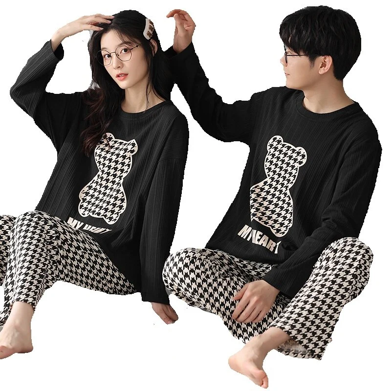 QUHENG 2022 Newest Men's Pajama 2 Pieces Set Long Sleeve Winter Thick Warm Sleepwear for Couples Casual Loose Home Costumes Set