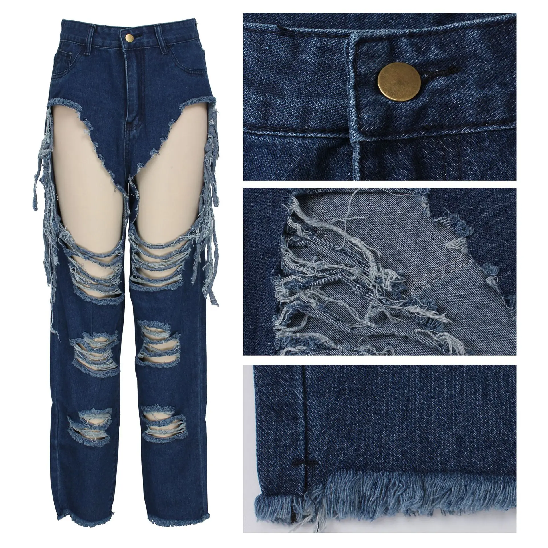 Sexy Ripped Holes Fringe Jeans Womens Fashion Streetwear High Waist Washed Distressed Straight Tassel Denim Pants Trousers indie