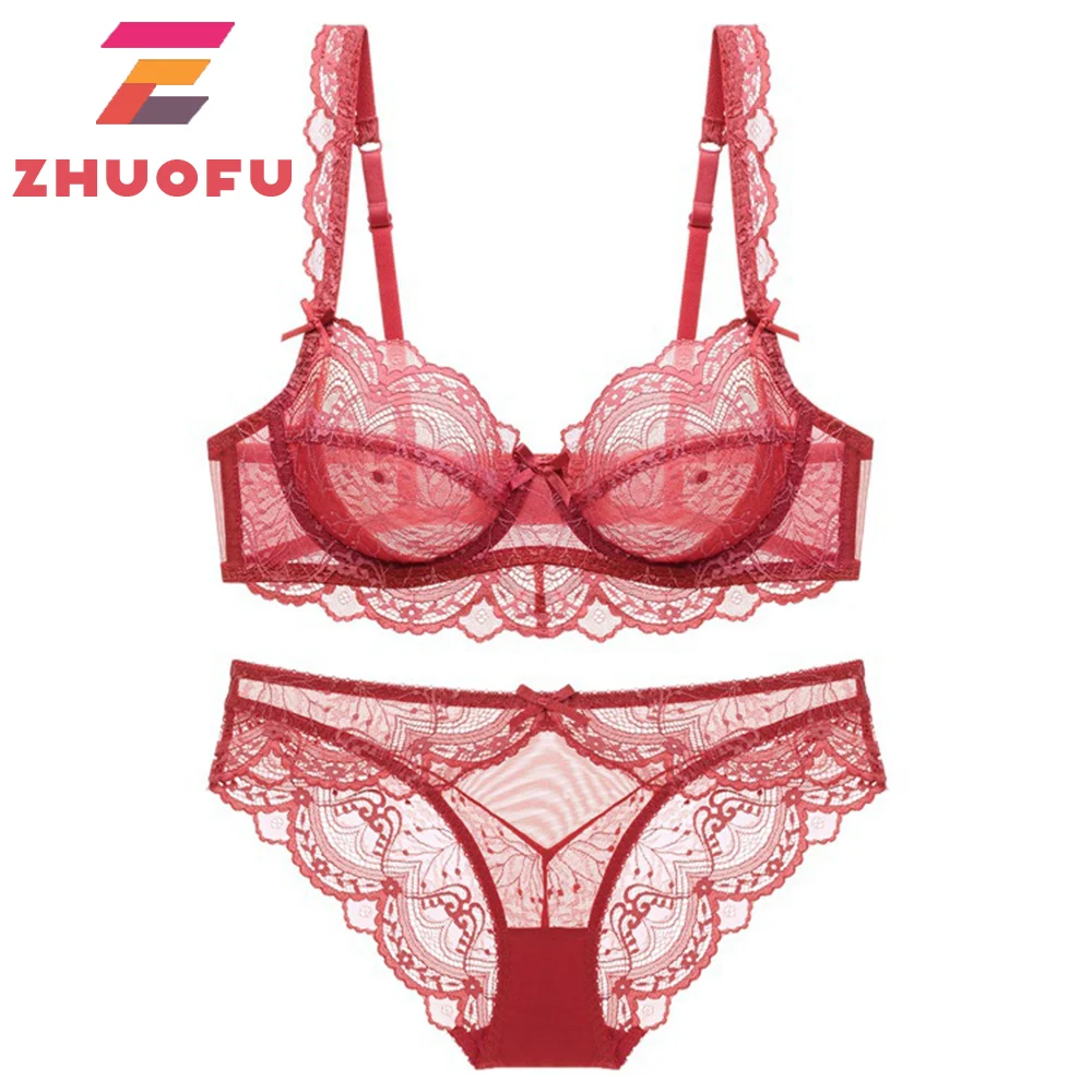 

ZHUOFU New Women Sexy Bra Sets Ultra-Thin Transparent ABCDE Cup Underwear Suit Female Plus Size Lingerie Plus Size Lingerie