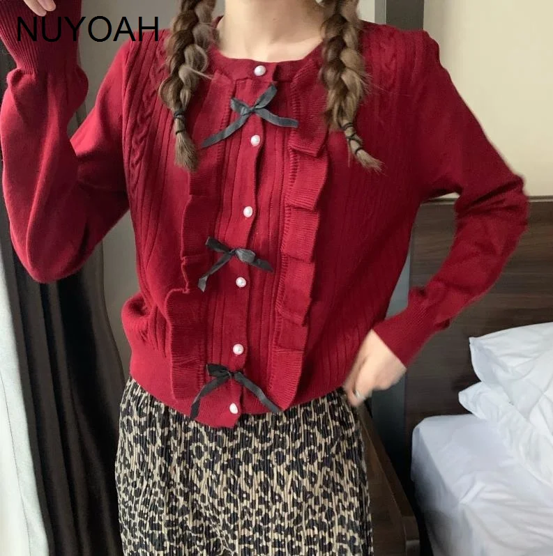 

Женский свитер с бантом Новинка Осень-зима 2021 корейский стиль в стиле преппи трикотажная одежда с оборками Дизайнерская куртка для девочек