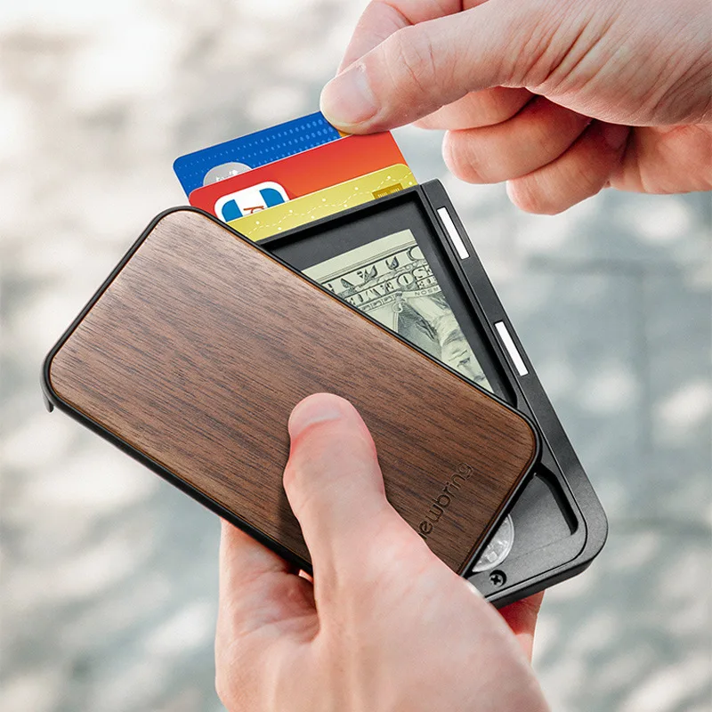 

New slim men's small card bag zero wallet simple business wooden bank card cover creative metal card box