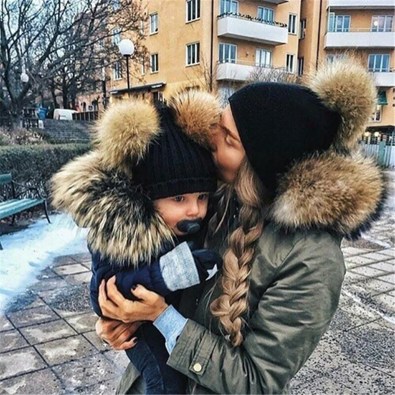 

Double Hairball Deco Women Child Beanie Caps Mom And Kids Beanies Knitted Hat Solid Warm Plaid Beanie Hats Bonnet Casual Cap