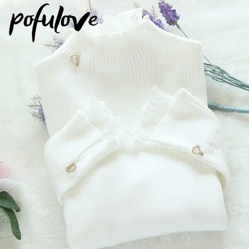 Sweater Women's Turtleneck Lace Ruffle Pullover Women's Trumpet Sleeve Top Solid Color Knitwear Trending Sweater Autumn Winter