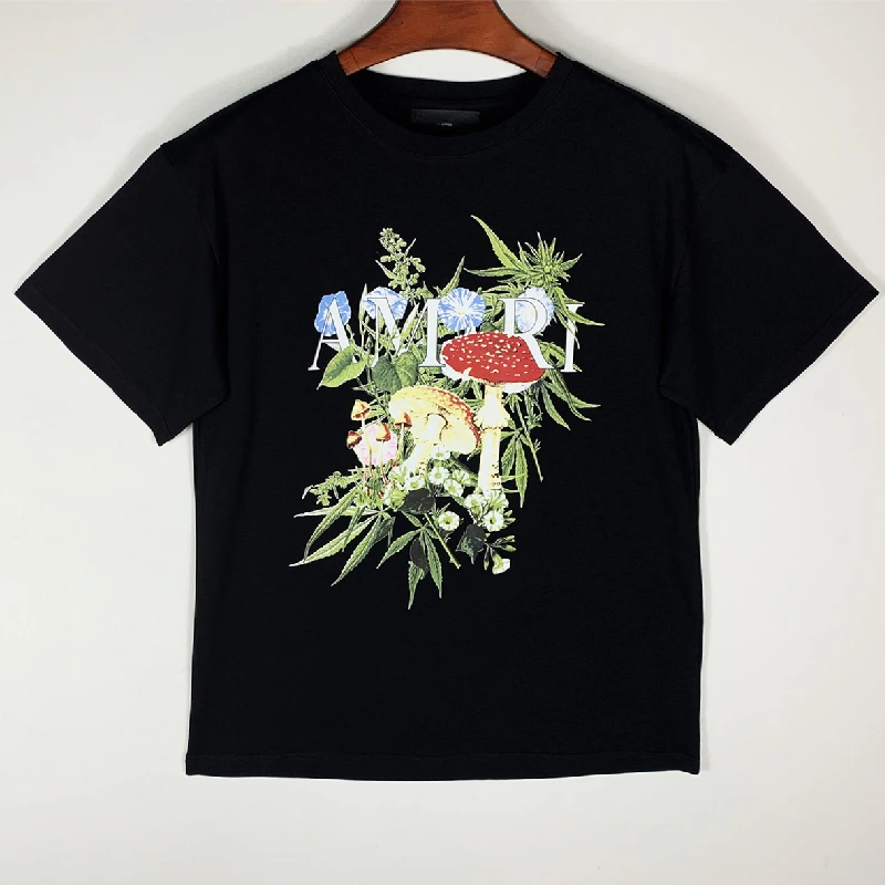 

Summer New Mushroom Flower Print Short-sleeved T-shirt American High Street Men Casual Cotton Tees