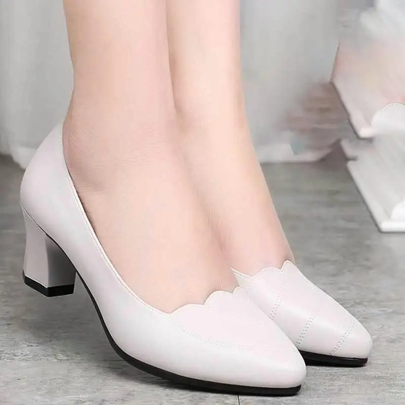 Women Mid Square Heel Shoes Pumps Black PU Office Lady Spring Non Slip Fashion Mother Oxford Shoe Zapatos Mujer