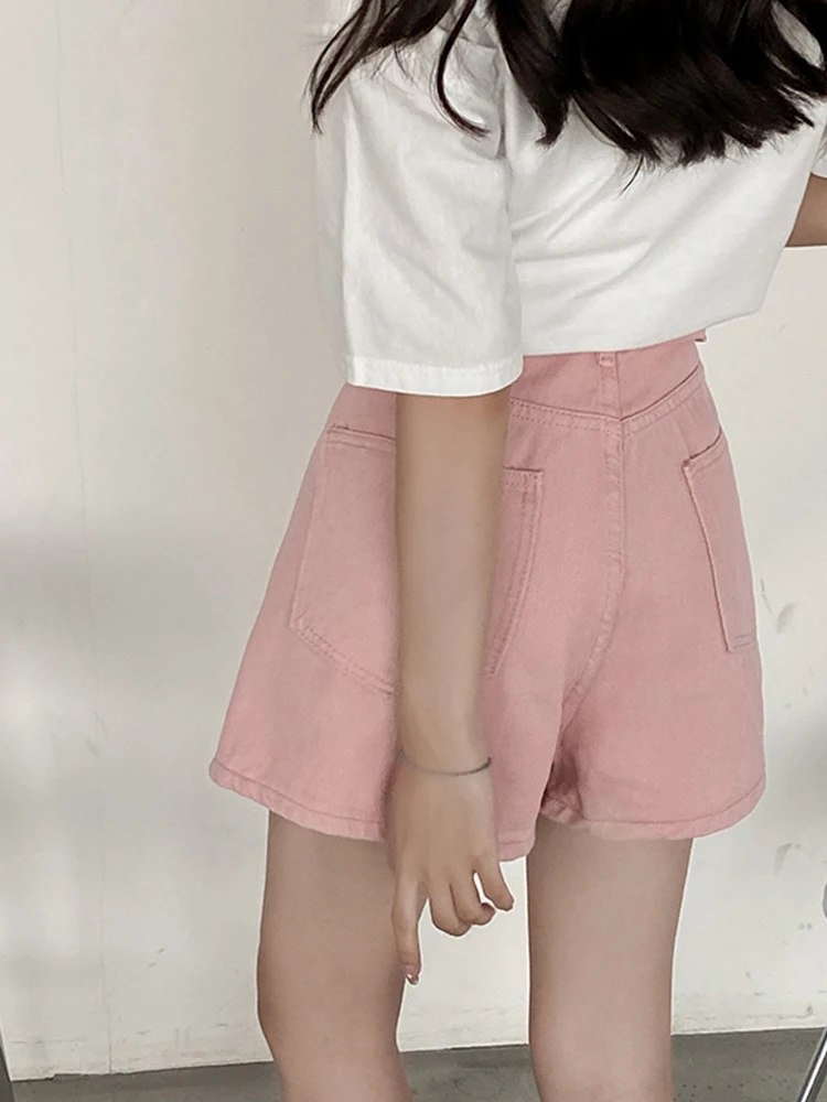 New Spring Summer Women High Waist Wide Leg Pink Denim Shorts Casual Female Button Loose Jeans Shorts Ladies Bottoms