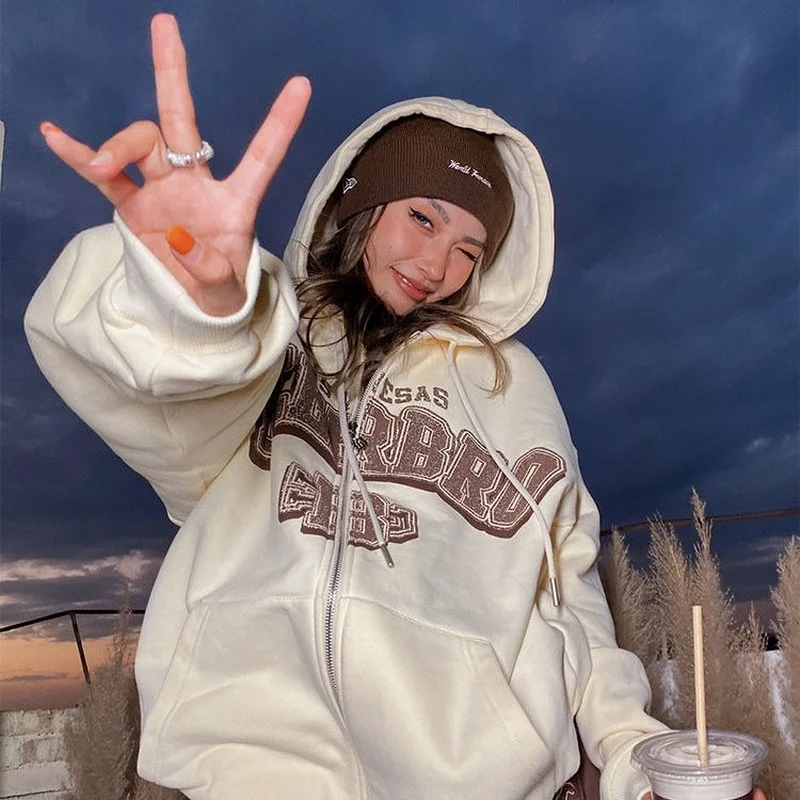 

Women Letter Printing Hoodies High Street Harajuku Retro Oversized Loose Sweatshirts Female Casual Long Sleeve Zip Up Sweatshirt
