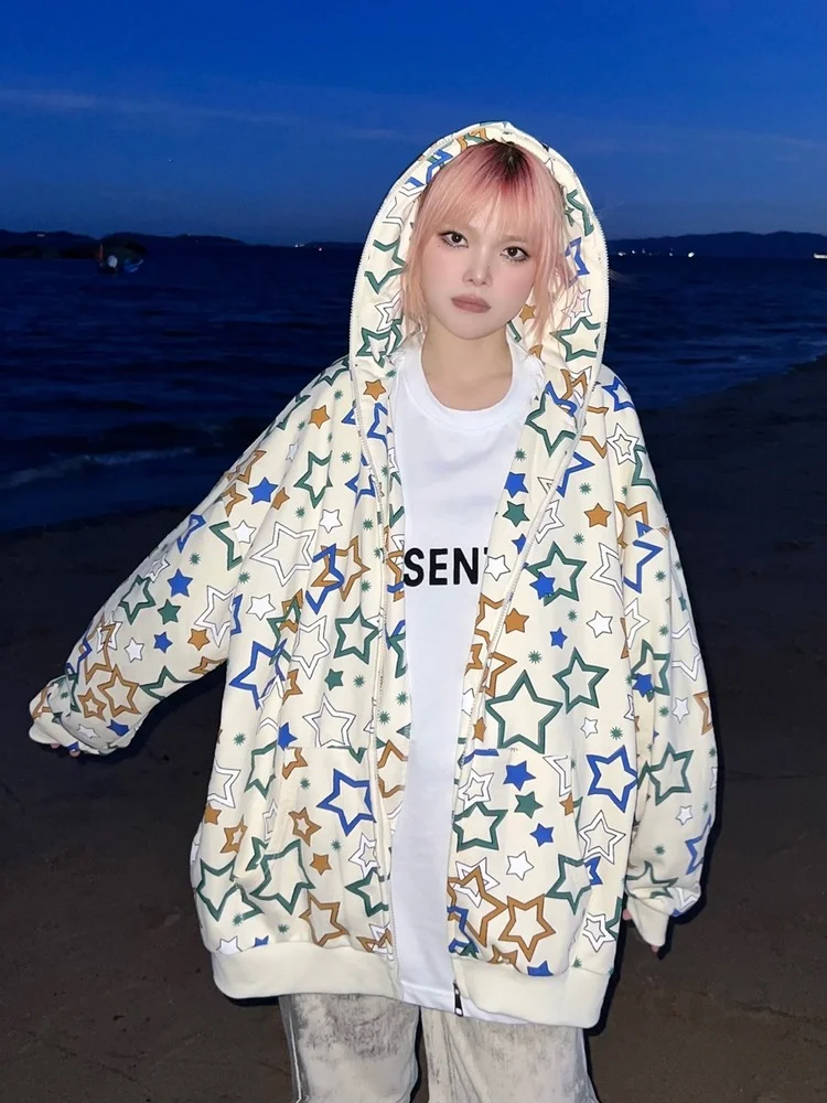 

Толстовки женские со звездным принтом Harajuku большие толстовки женские на молнии с длинным рукавом женская толстовка Y2K осень повседневная у...
