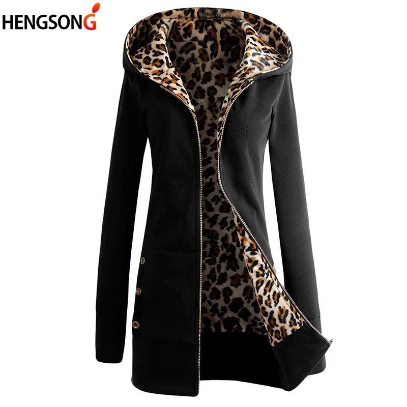 

Winter Women Zipper Hoodies Sweatshirts Coat Ladies Long Sleeve Black Oversized Leopard Hooded Tracksuit Jacket Loose Female