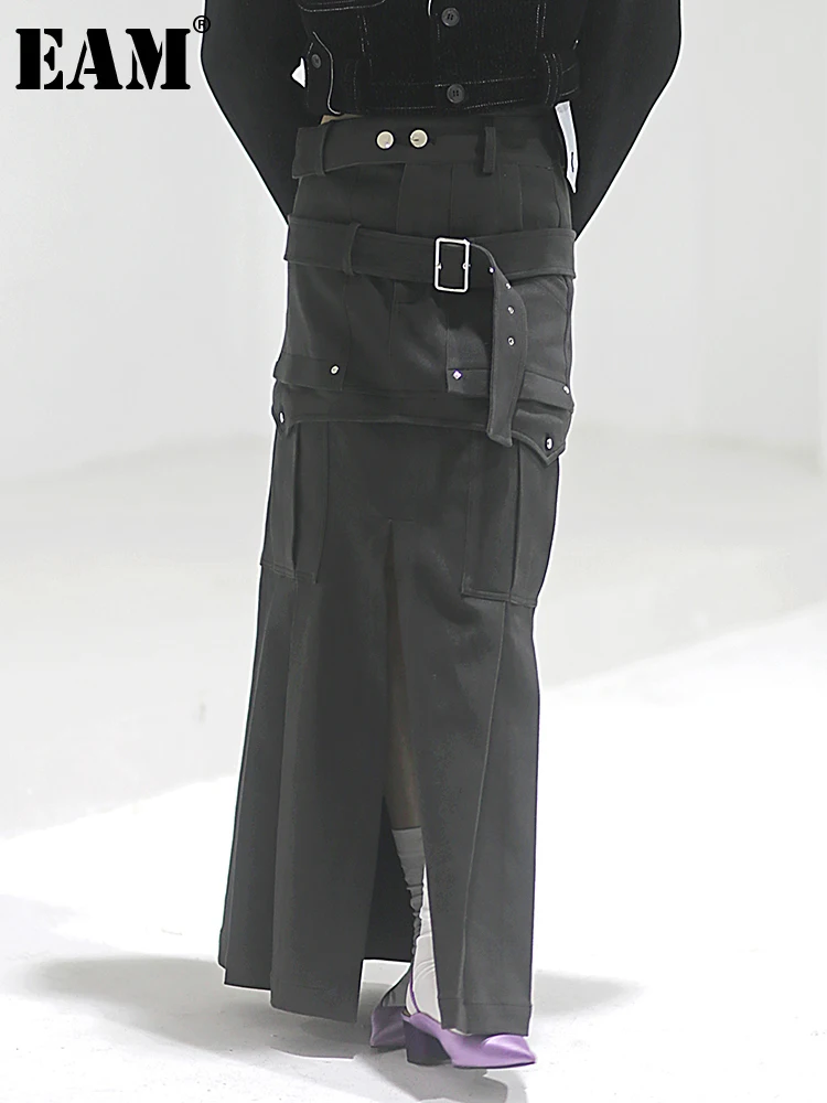 

[EAM] High Waist Dark Gray Irregular Ribbon Long Slit Cool Half-body Skirt Women Fashion Tide New Spring Autumn 2023 1DF3034