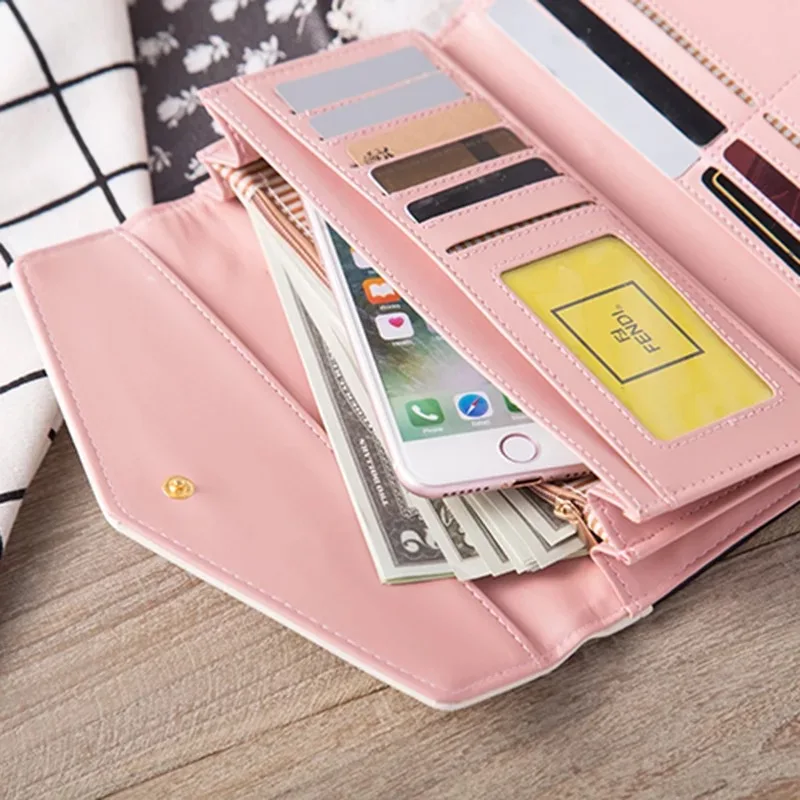 Women Envelope Floral Long Wallet Hit Color Tri-fold Flowers Printing Female Pu Leather Hasp Coin Purses Lady Clutch Phone Bag