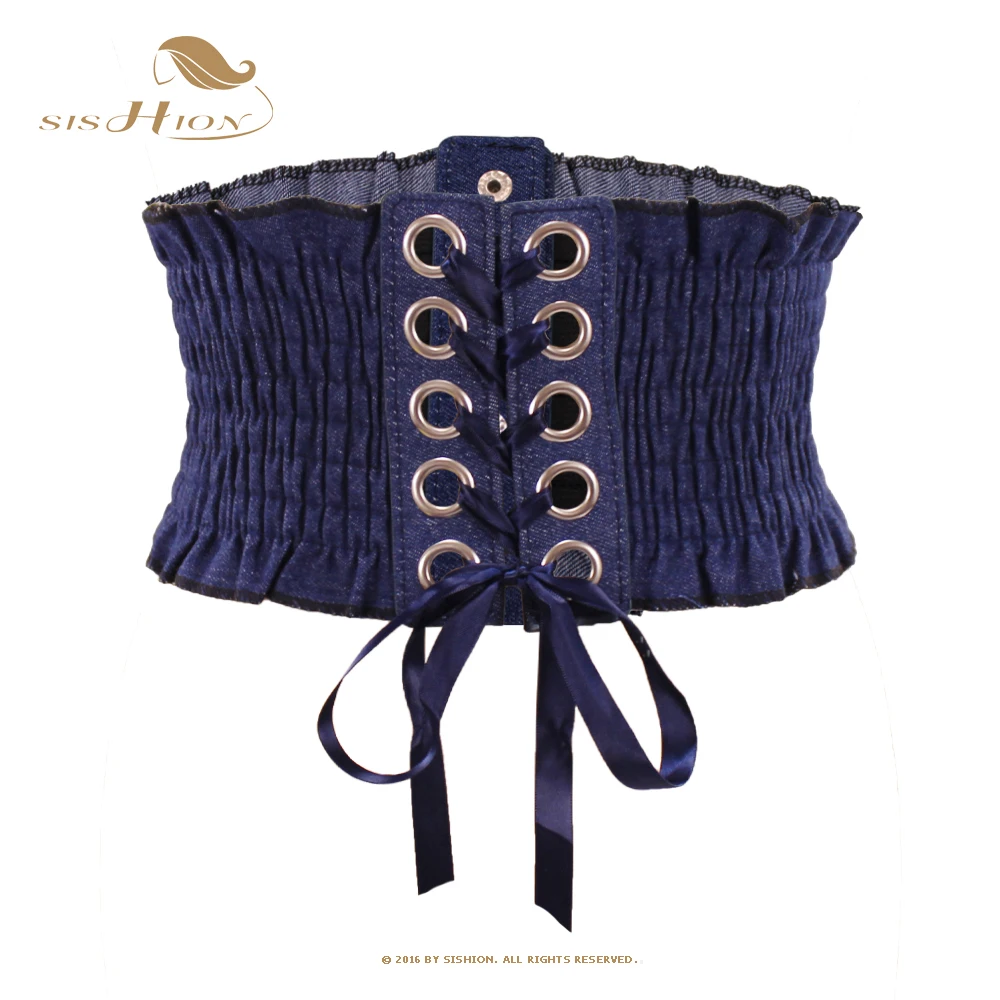 

Sishion European And American Wind 2022 New Rivet Line Ladies Women's Waist Denim Blue Elastic Pleated Wrinkled Wide Belt QZ0407