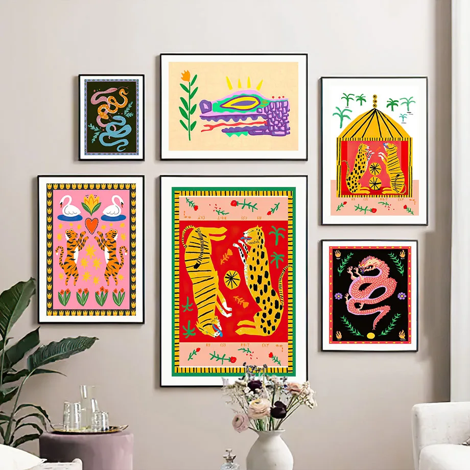 Абстрактный Тигр Леопард змея Дракон Цветок красочная настенная Картина на