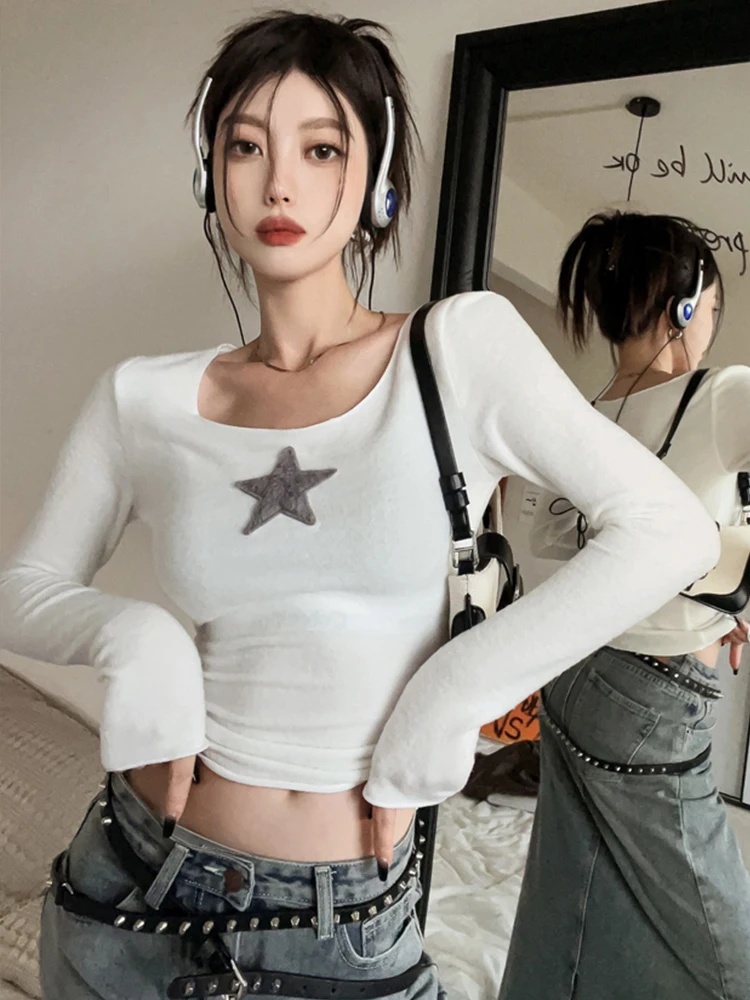

American Retro Star T Shirt Women Spring Autumn Vintage Long Sleeve Basic Tees Streetwear Casual Sexy Slim Crop Top Y2k Clothes