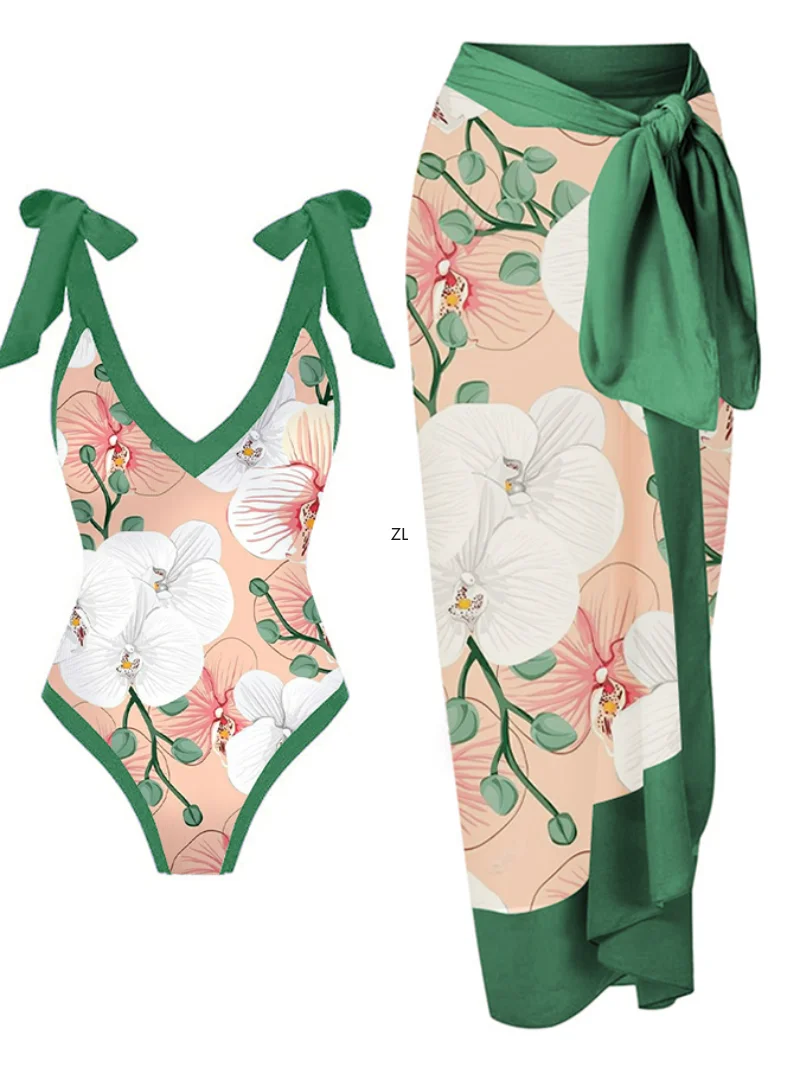 Print Lace-Up Panel One-Piece Swimsuit Sexy V Neck Push Up Bikini Backless Bow Straps Elegant Cover Up Beach Suit Push Up Chic