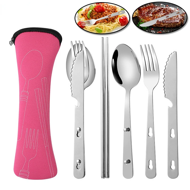 

4Pcs/3Pcs Set Dinnerware Portable Printed Knifes Fork Spoon Stainless Steel Family Camping Steak Cutlery Tableware with Bag