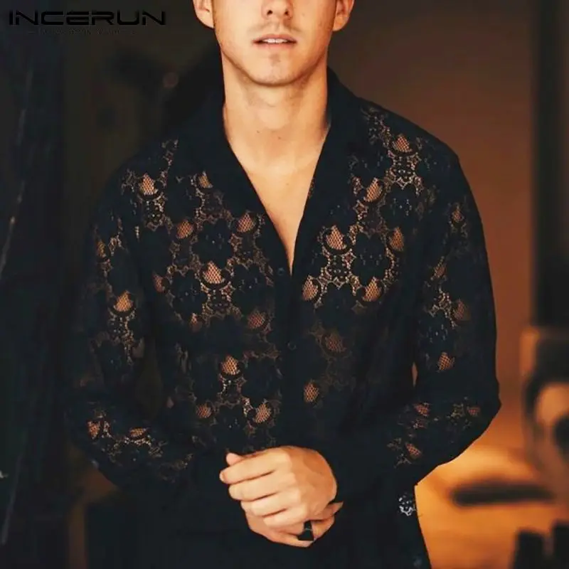 

INCERUN 2022 Men Shirt Lace Mesh Lapel Long Sleeve See Through Party Nightclub Shirts Streetwear Sexy Camisa Masculina S-5XL