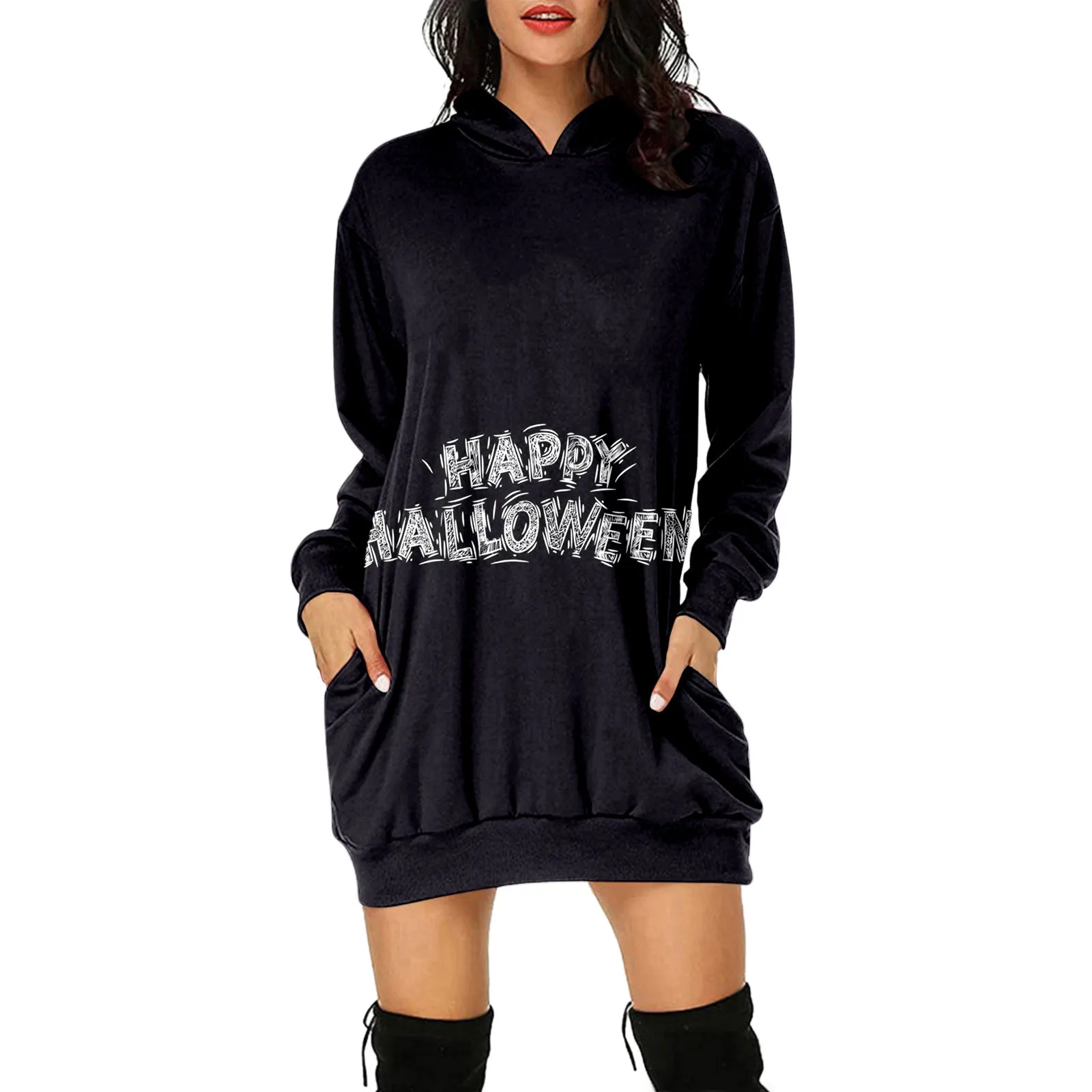

Women Autumn And Winter Casual Fashion Loose Hooded Long Pocket Sweatshirt Printed Sweatshirt Dress