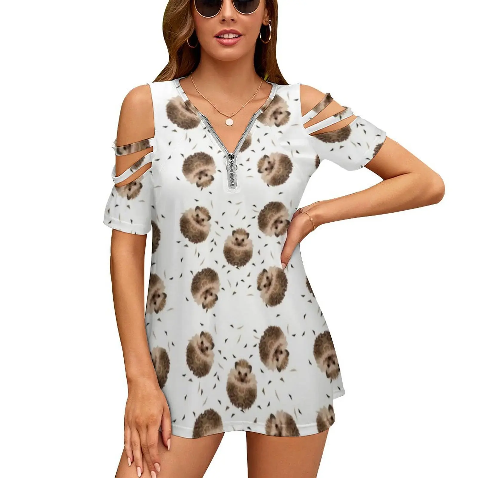 Женская летняя футболка с цветочным принтом и V-образным вырезом