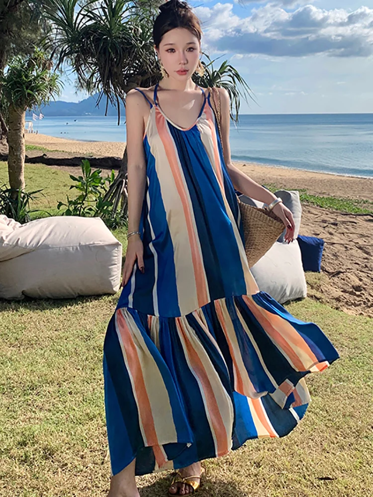 Женское длинное платье в полоску Элегантное повседневное свободное на