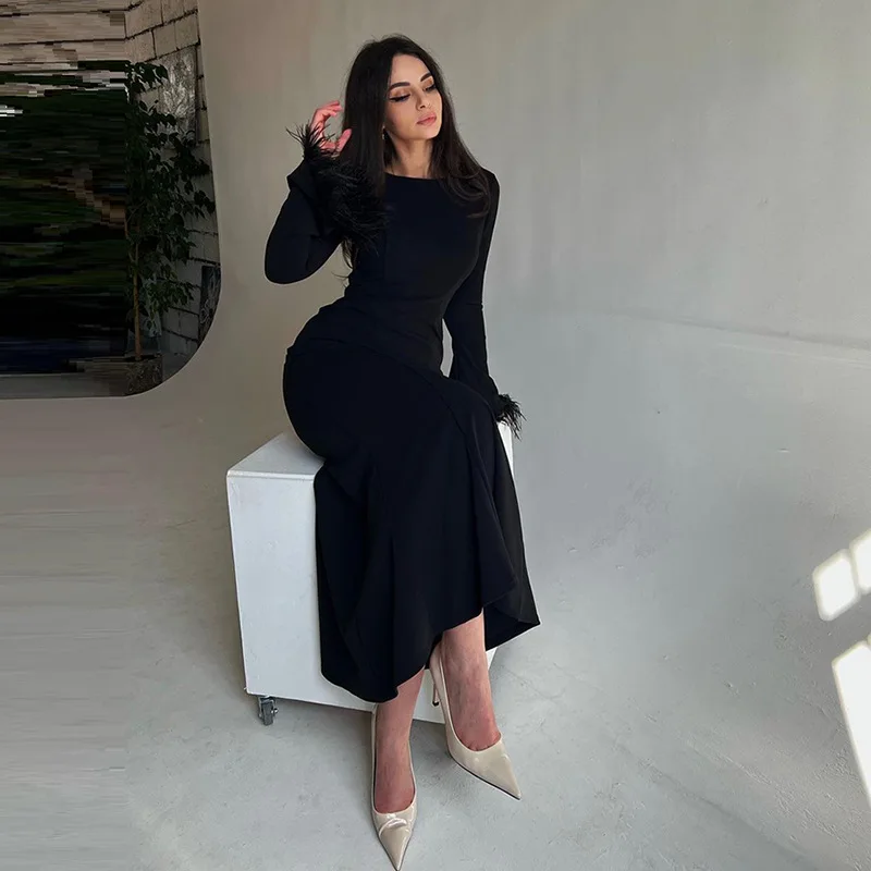 Solid Feather Sleeve Dress Women Elegant O-Neck Hip Wrap Long Skirt 2022 Autumn Ladies Fashion Slim Party Club Dresses