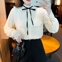 sweet mesh fungus edge brushed lace shirt women 2022 fashion tie up stand up collar long sleeved top button up plaid shirt