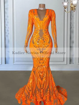 KADIER NOVIAS Women Long Sleeve Mermaid Orange Prom Dresses 2022 V Neck Sequin Lace Sweep Train Evening Gown Vestido De Fiesta