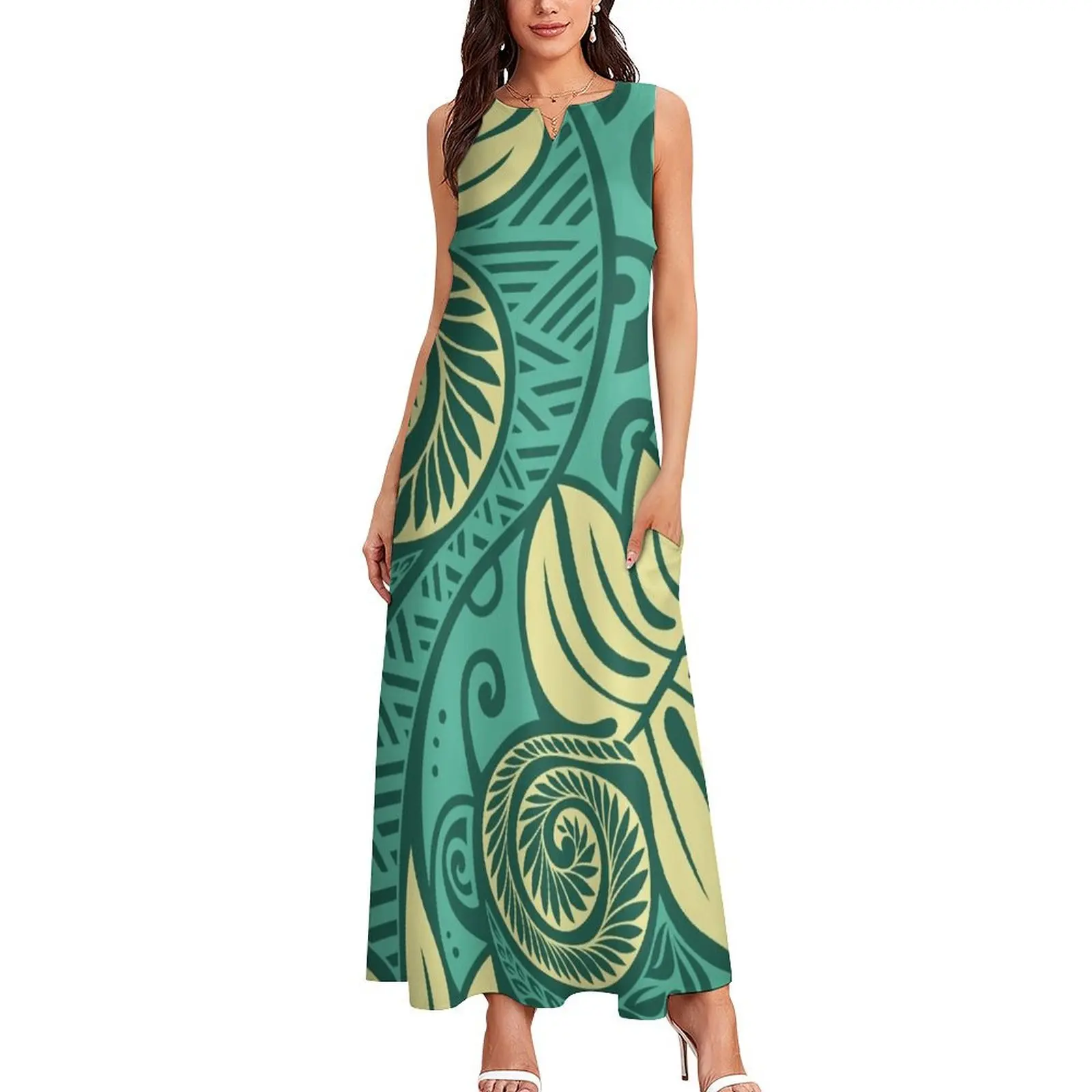 Гавайское длинное платье с хлебом ulu бирюзово-синим кремовым дизайном женская